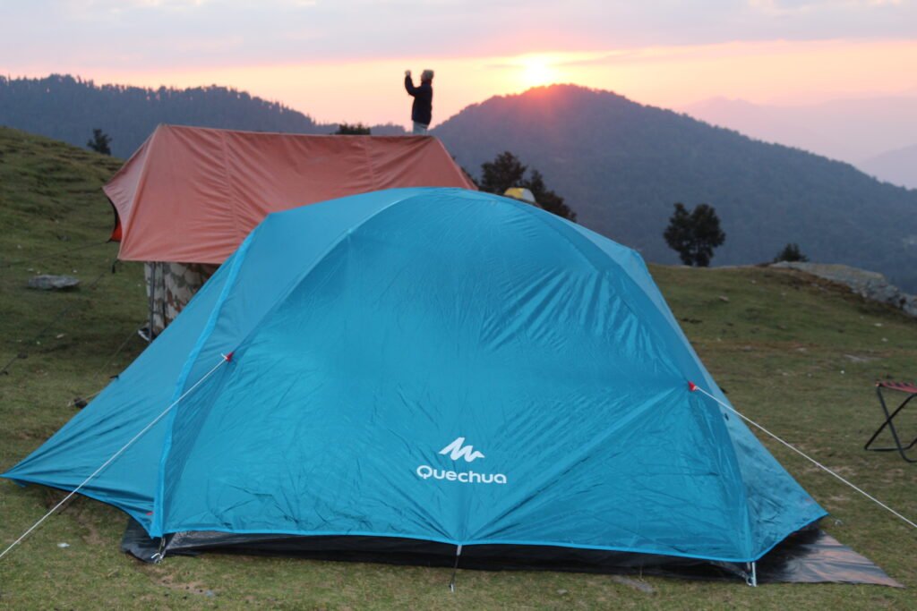Tent at sunset on the Chandrashila trek in Uttarakhand