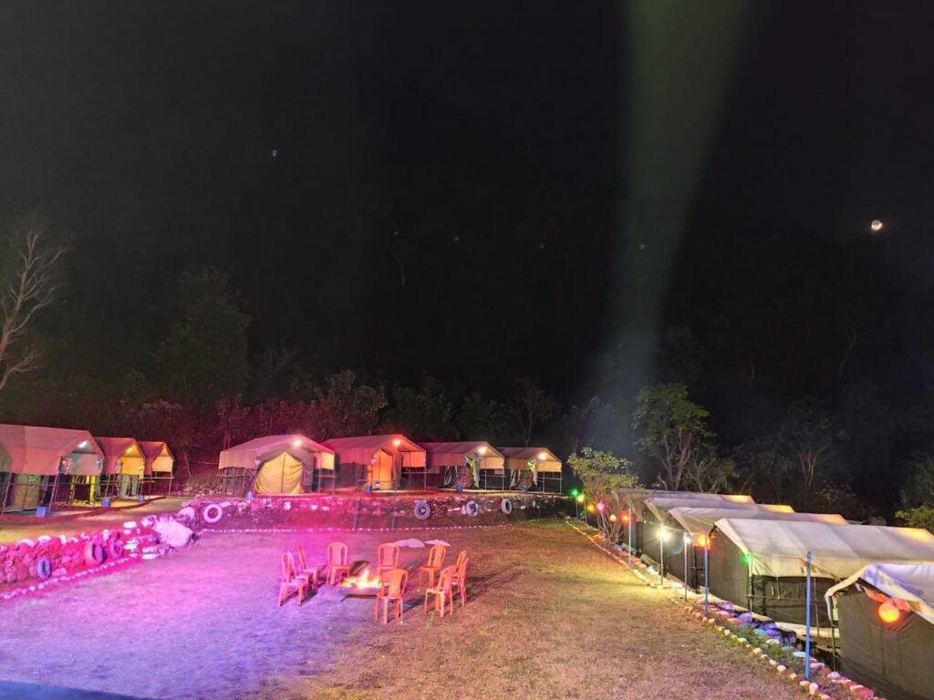 Camp lit up with lights at night at our forest camp near Rishikesh