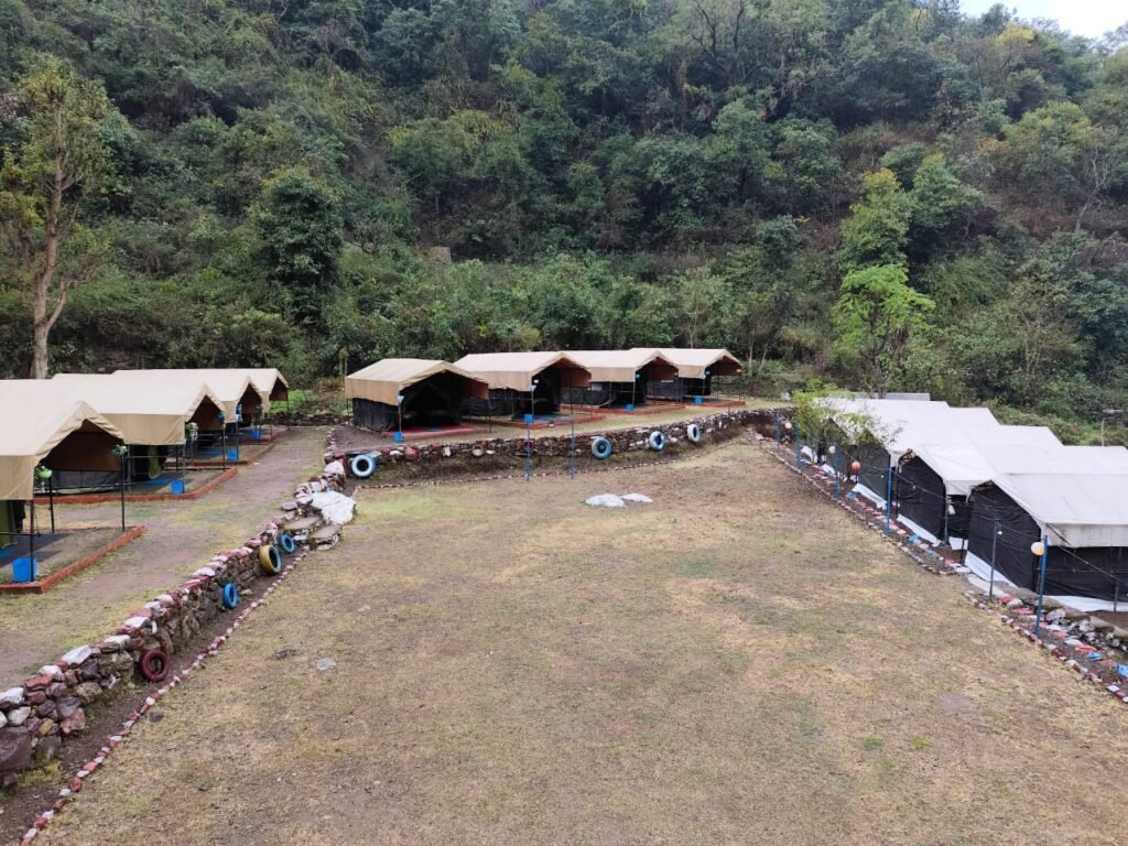 Forest camp at Goolar with tents in the valley, 21 km from Rishikesh