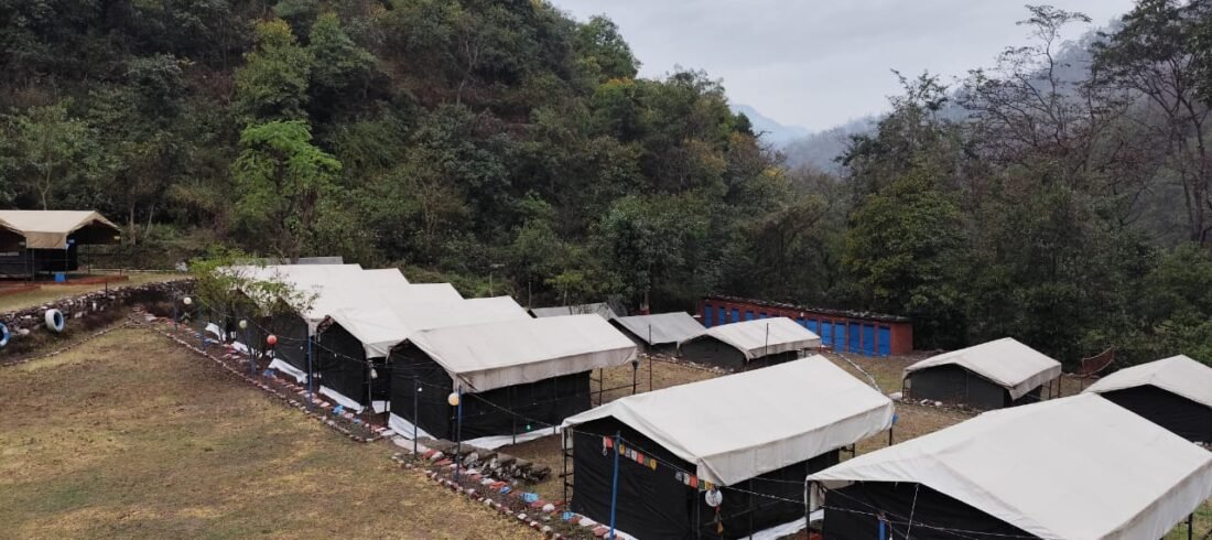 Row of tents on the hillside, 1 night camping in Rishikesh