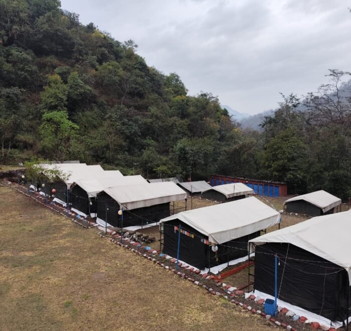 Row of tents on the hillside, 1 night camping in Rishikesh