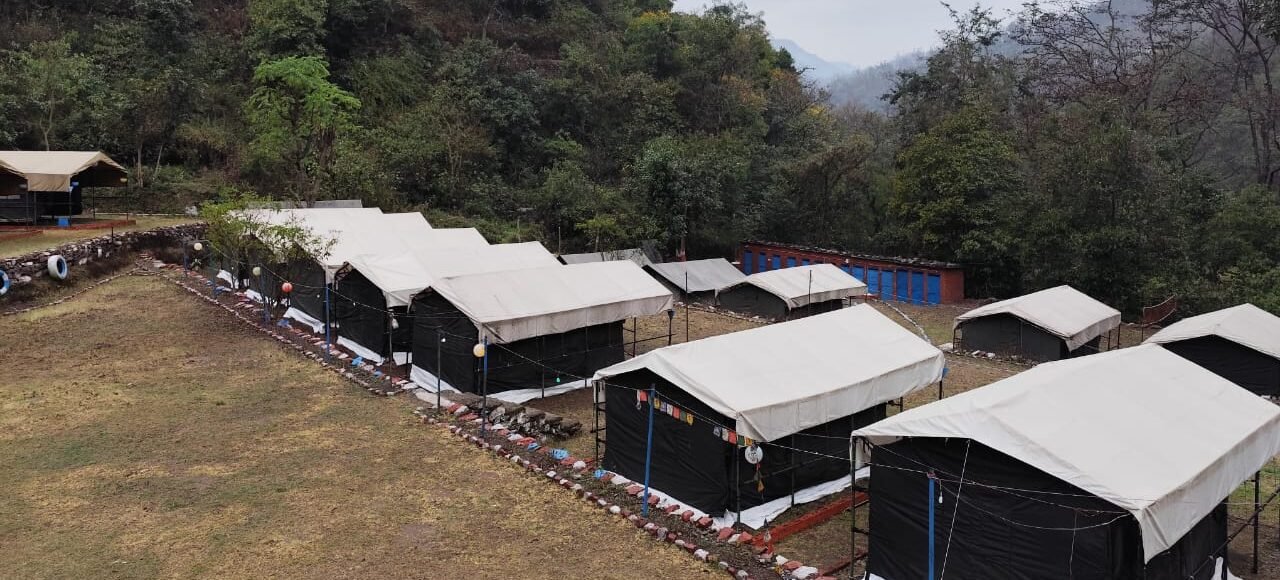 Row of tents on the hillside, 1 night camping in Rishikesh