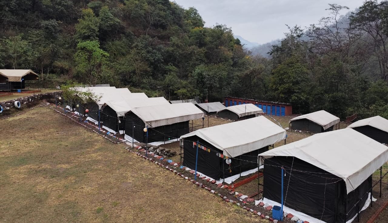 Row of tents on the hillside, 1 night camping in Rishikesh