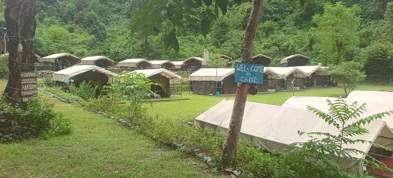 Tents along the lawn at our forest camp near Shivpuri, Rishikesh