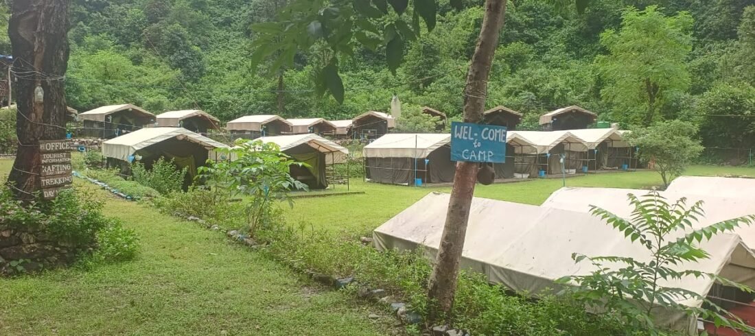 Tents along the lawn at our forest camp near Shivpuri, Rishikesh