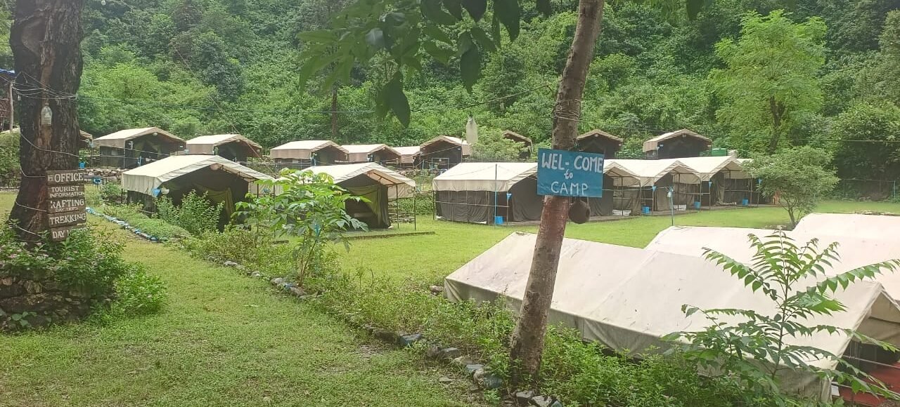 Tents along the lawn at our forest camp near Shivpuri, Rishikesh