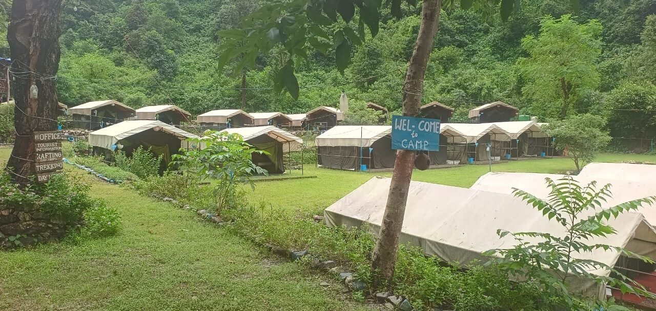Tents along the lawn at our forest camp near Shivpuri, Rishikesh