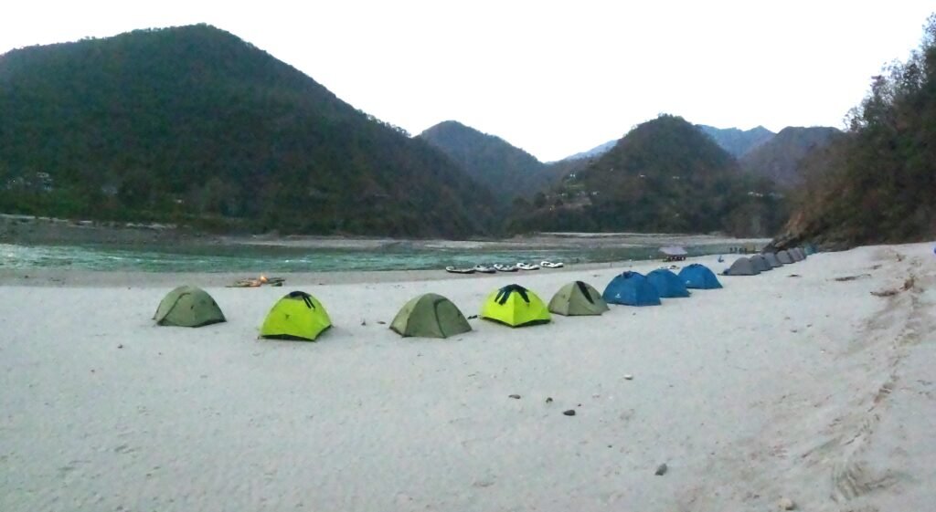 Beach camp tents on the Ganga during the 84 km rafting expedition