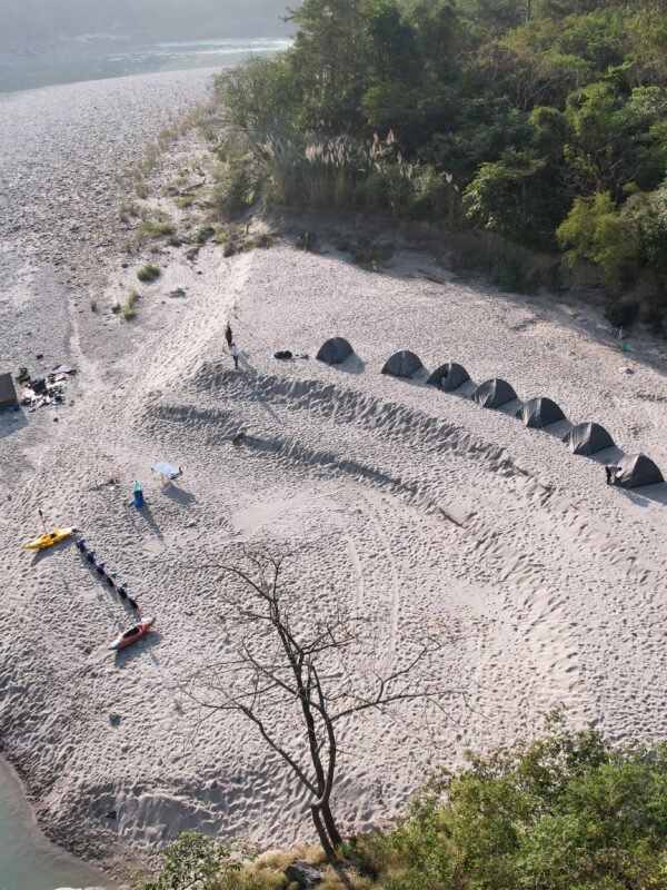 Aerial view of a riverside camp near Rishikesh on the Ganga