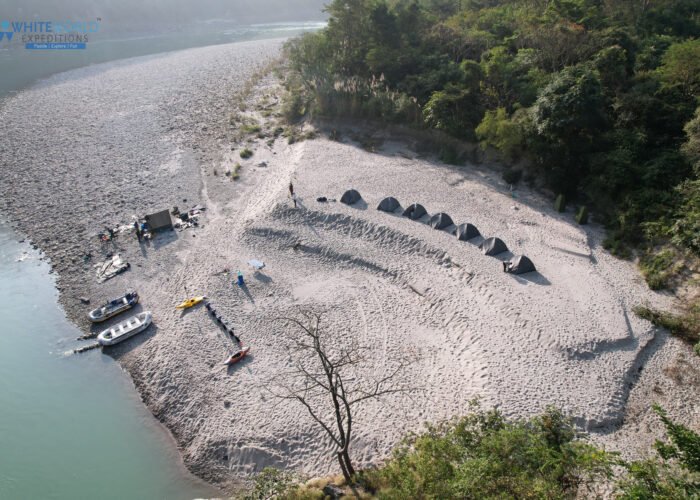 Aerial view of a riverside camp near Rishikesh on the Ganga