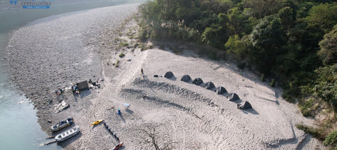 Aerial view of a riverside camp near Rishikesh on the Ganga