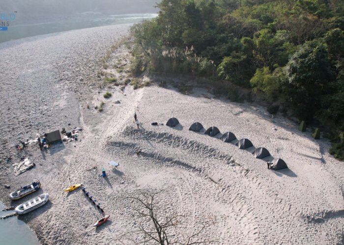 Aerial view of a riverside camp near Rishikesh on the Ganga