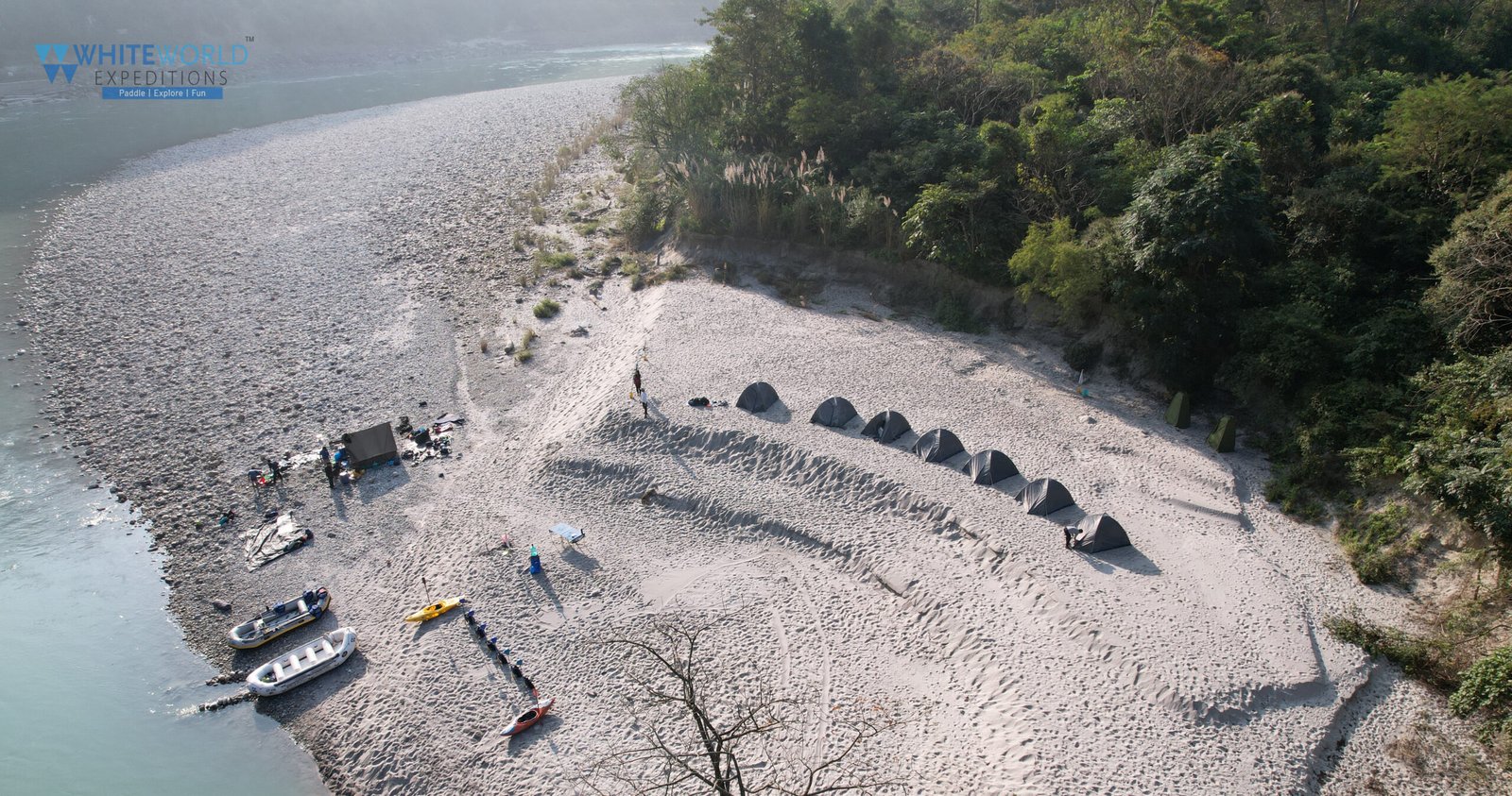 Aerial view of a riverside camp near Rishikesh on the Ganga